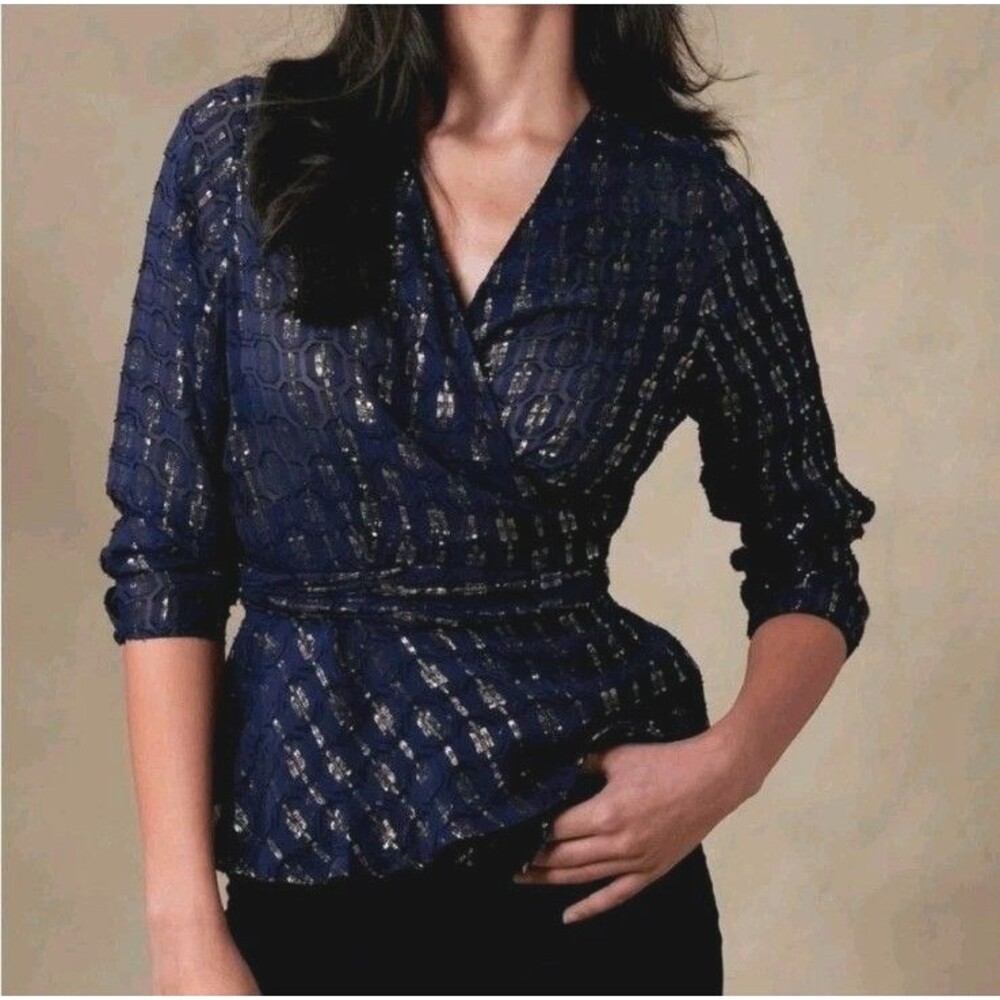 NWT Banana Republic Navy Aida Jacquard Wrap Top Size L LARGE metallic